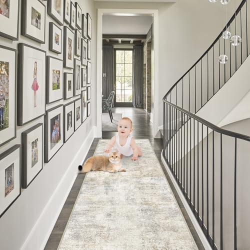 Capslpad 2x12 Beige Abstract Hallway Runner, Ultra Soft Fabric Washable Runner Rug, Non-Slip Rubber Backing, Stain Resistant Low Pile Runners for Hallways, Kitchen, Entryway, Bedroom, Laundry - color: Beige, size: 2' x 12' (Runner)