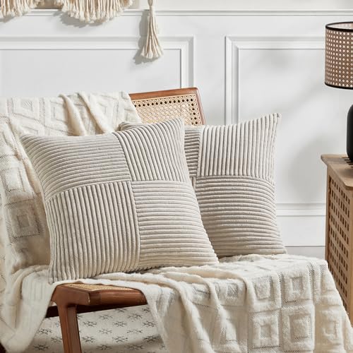Fancy Homi 2 Packs Neutral Taupe Samll Decorative Throw Pillow Covers 12x12 Inch with for Couch Bed Sofa, Rustic Farmhouse Boho Home Decor, Soft Corss Patchwork Corduroy Square Cushion Case 30x30 cm - color: Neutral Taupe, size: 12" x 12" (Pack of 2)
