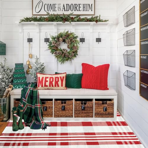 Christmas Door Mat Outdoor 4' x 6' Red and White Plaid Rug Christmas Decor Rug Cotton Hand-Woven Layered Door Mats Washable Carpet for Front Porch, Kitchen, Farmhouse, Entryway - color: Red&white Plaid, size: 4' x 6' (Rectangular)