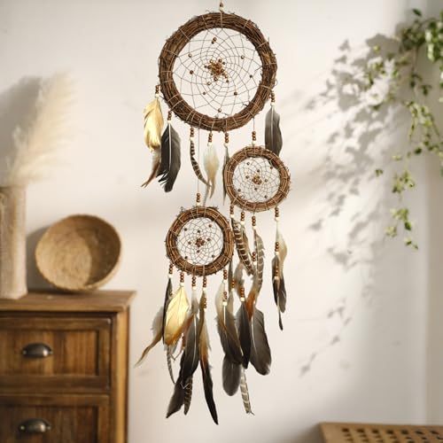 Dream Catcher Native American Boho Dreamcatcher Rattan Wall Decor, Handmade Natural Goose Feathers Large Dream Catchers Hanging Ornament Indian Decor for Bedroom Living Room (Dark Brown Mix) - color: Dark Brown Mix