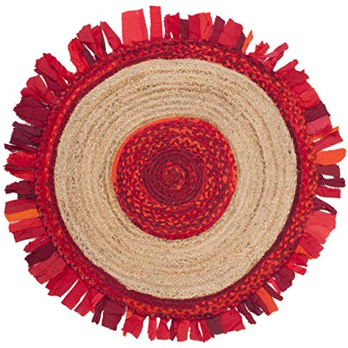 SAFAVIEH Cape Cod Collection 4' Round Red / Natural CAP701Q Handmade Boho Fringe Jute & Cotton Area Rug - color: Red/Natural, size: 4' (Round)