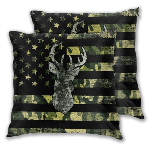 Flag Deer Hunting Throw Pillow Covers 18 X 18 Inch Set of 2 Pillow Cases Decoration Cushion Cover for Sofa Bedroom Living Room Outdoor - color: Flag Deer Hunting