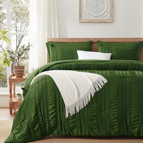 DHSFKBE Dark Green Tufted Textured Comforter Set King Size, 7 Piece Bed in a Bag，Shabby Chic Boho Bedding for Bedroom Comforter，All Season Soft Microfiber Ruffle Comforter Set with Pillow and Sheets - color: Dark-green, size: King