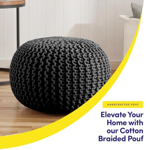 Pouf Ottoman Foot Rest Stuffed – 20” Diameter x 14” Tall Cozy Floor Pouf for Living Room, Bedroom, Nursery & More – 100% Cotton Knit Shell, EPS Bead Filled Footrest & Accent Chair, Black - color: Black