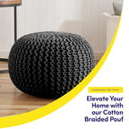 Pouf Ottoman Foot Rest Stuffed – 20” Diameter x 14” Tall Cozy Floor Pouf for Living Room, Bedroom, Nursery & More – 100% Cotton Knit Shell, EPS Bead Filled Footrest & Accent Chair, Black - color: Black