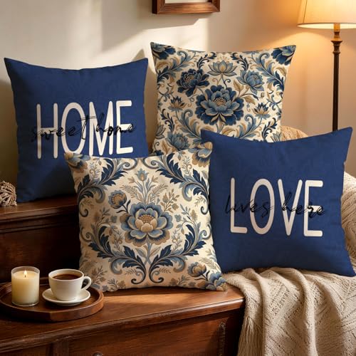 OBSEDE Love Lives Here Decorative Throw Pillow Covers 18x18 Set of 4 Navy Blue Floral Faux Linen Cushion Cases Single-Sided Print Square Accent Pillows for Couch Sofa - color: Love Lives Here