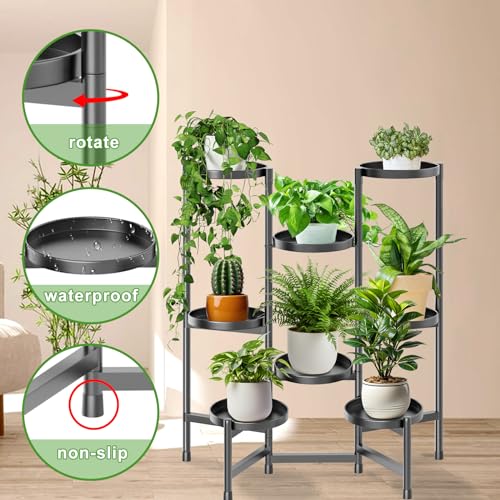 5 Tier Plant Stand Indoor Tall, Adjustable Black Plant Shelf for Multiple 8 Potted Flower Plants Holders, Corner Metal Flower Display Rack for Patio Garden Balcony Living Room Office (A) - color: 8 pots-Black