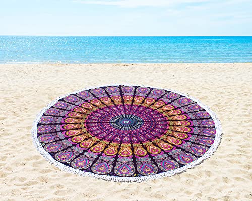 Mandala Round Beach Tapestry Hippie Mandala/Boho Decor Beach Blanket/Indian Cotton Throw Bohemian Round Table Cloth Mandala/Yoga Mat Meditation Picnic Rugs (42 Inches, Pink And Yellow) - color: Pink And Yellow, size: 42"L x 42"W