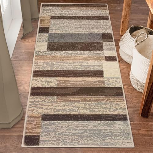 SUPERIOR Indoor Runner Rug, Jute Backed, Modern Geometric Patchwork Floor Decor for Bedroom, Office, Living Room, Entryway, Hardwood Floors, Rockwood Collection, 2' 7" x 12', Slate - color: Slate, size: 2'7" x 12' (Rectangular)