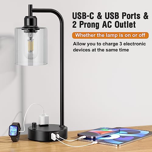 Industrial Nightstand Lamps for Bedrooms Set of 2 - Fully Dimmable Bedside Lamps with USB A C Ports and Outlet, Black Table Lamps with Clear Glass Shade for Living Room, Desk Lamps for Office Reading - color: Clear