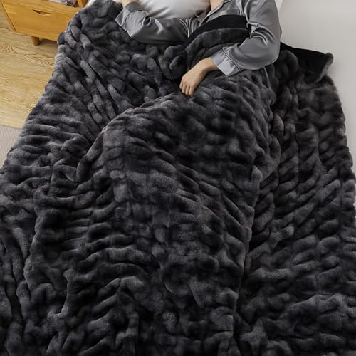 WDCOZY Ruched Faux Fur Throw Blanket Soft Cozy Fluffy Luxurious Blankets Couch Bed Sofa Chair Home Decor Warm Furry Fall Winter Plush Rabbit Fur Bubble Blanket 50" x 60", Charcoal Gray Dark Grey - color: Dark Grey, size: Throw (50" x 60")