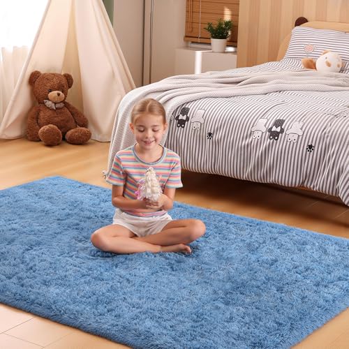4x6 Rugs for Bedroom, Blue Fluffy Small Area Rugs for Living Room, Soft Shag Fuzzy Carpet Non-Slip for Kids Boys and Girls Nursery Room Dorm Indoor Home Decor (Blue, 4ft x 6ft) - color: Blue, size: 4' x 6' (Rectangular)