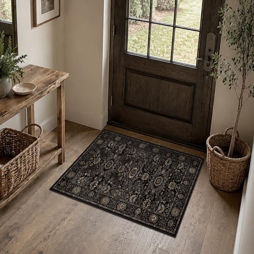 2x3 Entryway Rug Black Gold Washable Rugs for Entryway Kitchen Low Pile Non-Slip Door Mat Traditional Distressed Small Carpet for Kitchen Entrance Bathroom - color: Black Gold, size: 2'*3'(Rectangular)