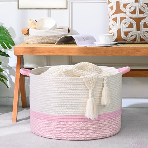 67L Large Blanket Basket, 20"x13" Woven Storage Baskets With Handle, Cotton Rope Blanket Basket Living Room, Baby Laundry hamper for Blanket, Nursery, Toy, Pillow (White & Pink) - color: White & Pink, size: 67L