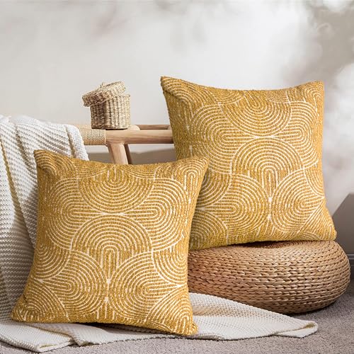 AELS Boho Decorative Textured Throw Pillow Covers 20x20, Organic Modern Mid Century Rainbow Tufted Pillow Case, Farmhouse Rustic Geometric Woven Cushion Case for Bed Couch Sofa, Mustard Yellow - color: Mustard Yellow, size: 20" x 20" (Pack of 2)
