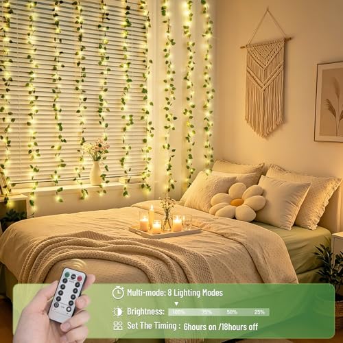 JMEXSUSS Vines Lights for Bedroom, 200 LED Vines Fairy Lights, Artificial Pothos Leaf Light for Wall Curtain Wedding Party Christmas Indoor Decor, 6.5ft x 6.5ft with Remote - color: Pothos, size: 6.5x6.5ft - 200 LED