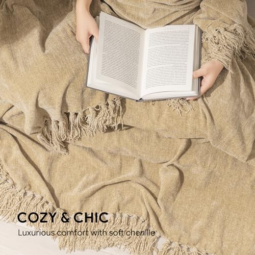 RECYCO Throw Blanket Soft Cozy Chenille Throw Blanket with Fringe Tassel for Couch Sofa Chair Bed Living Room Gift (Beige, 60" x 80") - color: Beige, size: 60'' X 80''