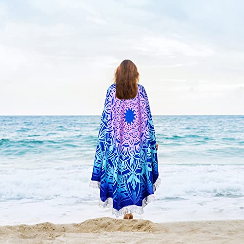 Large Microfiber Boho Mandala Beach Towel Round Bohemian Beach Blanket Hippie Indian Throw Blanket Beach Tapestry Sand Free Quick Dry Yoga Picnic Mat Wall Decor Circle Tablecloth,59'',Ocean Blue - color: Ocean Blue Mandala