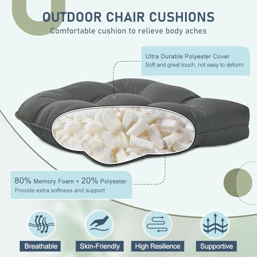 downluxe Outdoor Chair Cushions Set of 2 for Patio Furniture, Waterproof Tufted Overstuffed Patio Furniture Cushions, Memory Foam Outdoor Seat Cushion, 19" X 19" X 5", Dark Grey - color: Dark Grey, size: 2 Count (Pack of 1)