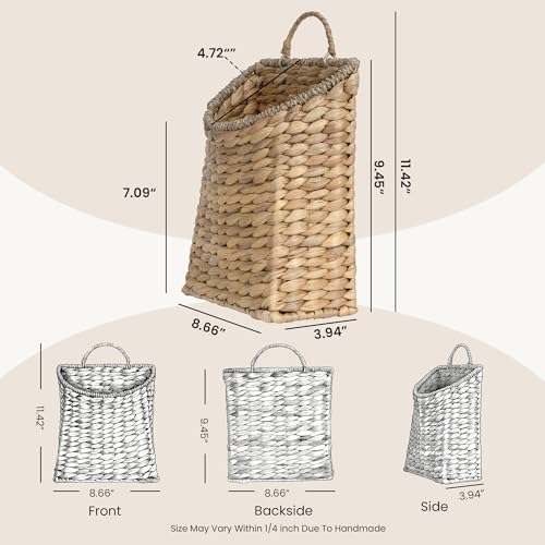 Woven Hanging Basket,Wicker Hanging Wall Baskets Decor,Natural Water Hyacinth Front Door Basket, Handmade Storage Basket for Garden Farmhouse Home Decorations