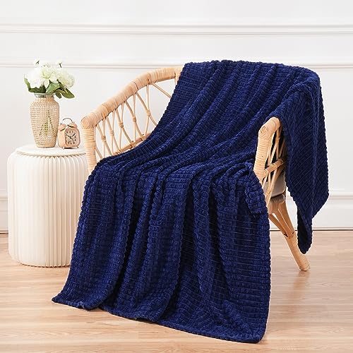 Puncuntex Flannel Fleece Throw Blanket Navy Blue 50"×60",Super Soft Plush Cozy Blanket with 3D Jacquard Square Grid Design Luxury for Couch Sofa Chair,Dark Blue - color: Navy Blue, size: 50"×60"