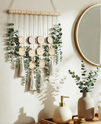 Artificial Eucalyptus Wall Hanging, Fake Greenery Leaves Stems with Wood Slices Wall Hanging Plants on Wooden Stick, Boho Wall Art Decorative for Bathroom, Living Room, Bedroom, Dining Room