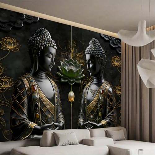 FENDROM Black Vintage Sitting Buddha Tapestry Wall Hanging Buddhist Statue Tapestries Green Lotus Meditation Wall Decor Psychedelic Indian Zen Art for Bedroom Living Room Home Decor - color: Black2, size: 59"L x 51"W