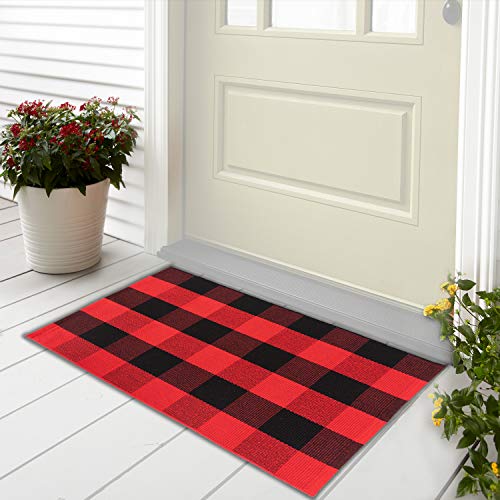Winwinplus Buffalo Plaid Rug Outdoor Front Porch Decor Farmhouse Checkered Decor Doormat 2'x4.3', Red and Black Plaid - color: Red and Black Plaid, size: 23.6'' x 51.1''