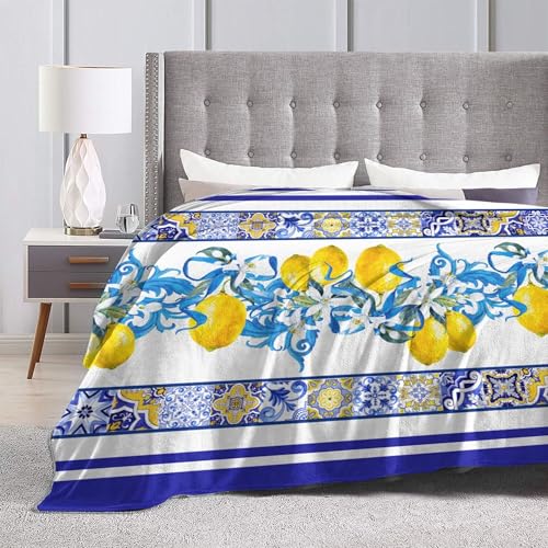 Blue Lemon Throw Blanket for Couch Chair Sofa Bed, Flannel Soft Mediterranean Ceramic Tiles Elegant Baroque Blanket for Bedroom Living Room Car, Warm Cozy Farmhouse Blankets for All Season 30"x 40" - color: Lemon03, size: 30X40 inch