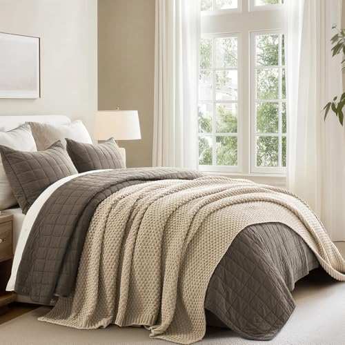 EVERGRACEHOME Chunky Chenille Knit Throw Blanket for Couch, Soft Luxurious Oversized Queen Moss Stitch Blanket for Bed, Cozy Farmhouse Knitted Throw for Sofa, Sand Dune, 90" x 90" - color: Sand Dune, size: 90" X 90"