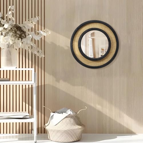 JJUUYOU Wall Mirror Black with Circle Wood Frame Round Rattan Hanging Mirrors Decorative for Bedroom Living Room Bathroom Entryway 16 Inch - color: Round Mirror-black, size: 16"L x 16"W