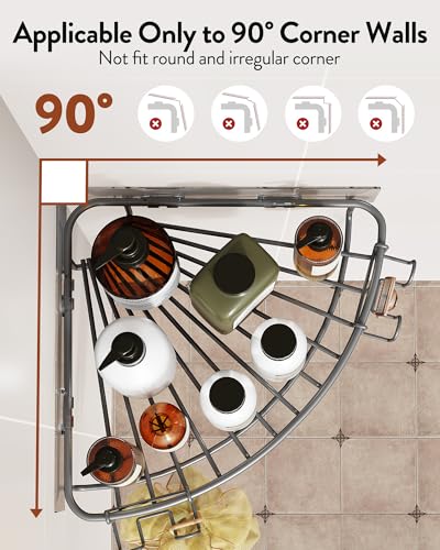Orimade Corner Shower Caddy with 2 Hooks Wall Mounted Metal Bathroom Shelf Storage Organizer Adhesive No Drilling 2 Pack, Grey Only for 90-Degree Corner - color: Grey