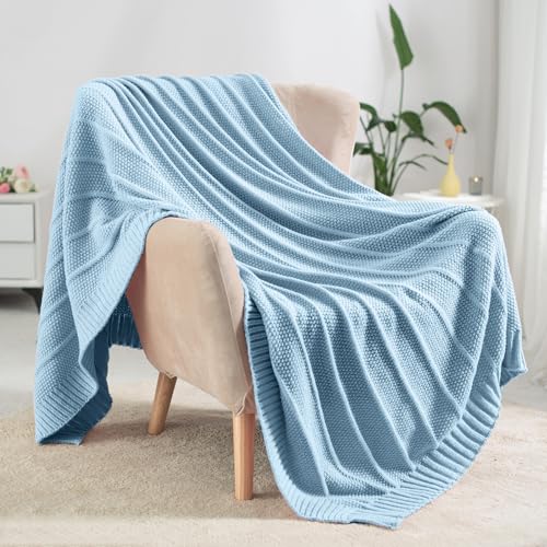 Carriediosa Knit Throw Blanket for Couch 60" X 80" Twin, Soft Cozy Stripe Pattern Cable Knitted Throws Fall Fluffy Textured Solid Home Decor Blankets Couch Cover for Bed Sofa, Light Blue - color: Light Blue, size: 60" X 80"