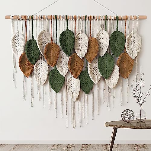 KHOYIME Large Macrame Wall Hanging Boho Woven Tapestry, Chic Home Decor Modern Bohemian Handmade Leaf Feather Wall Art Decorations for Apartment Dorm Living Room Bedroom Nursery Backdrop 39"W X 29.5"L - color: 39"W x 29.5"L