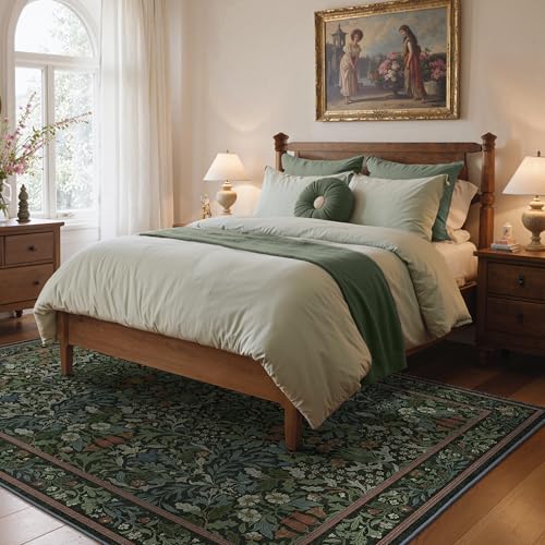 Bavni 3x5 Area Rugs for Living Room, Floral Rug Machine Washable Non Slip, Vintage Boho Forest Carpet, Soft Low Pile Thin Lightweight Rugs for Bedroom, Farmhouse, Dining Room Office, Dark Green - color: Dark Green, size: 3' x 5' (Rectangular)