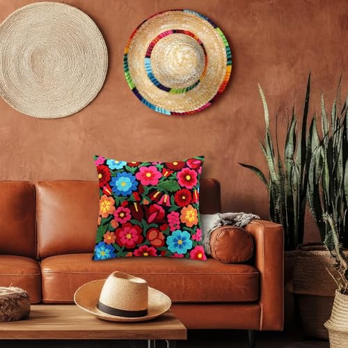 HunnmingRe Mexican Embroidered Throw Pillow with Insert 18 x 18 Inch Mexican Boho Embroidered Pillow Cover Decorative Fiesta Colorful Floral Cushion Decor for Sofa Living Room Couch Bedroom(Black) - color: Black