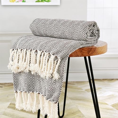 Herringbone Knitted Two Tone Throw Blankets with Braided Tassel Fringe, Boho Farmhouse Lightweight Turkish Throw Blanket for Couch Bed Sofa, Picnic, Yoga, Outdoor Blanket, 50 x 60 Inch, Coffee Brown - color: Coffee Brown