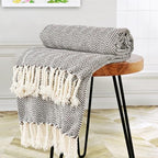 Herringbone Knitted Two Tone Throw Blankets with Braided Tassel Fringe, Boho Farmhouse Lightweight Turkish Throw Blanket for Couch Bed Sofa, Picnic, Yoga, Outdoor Blanket, 50 x 60 Inch, Coffee Brown - color: Coffee Brown