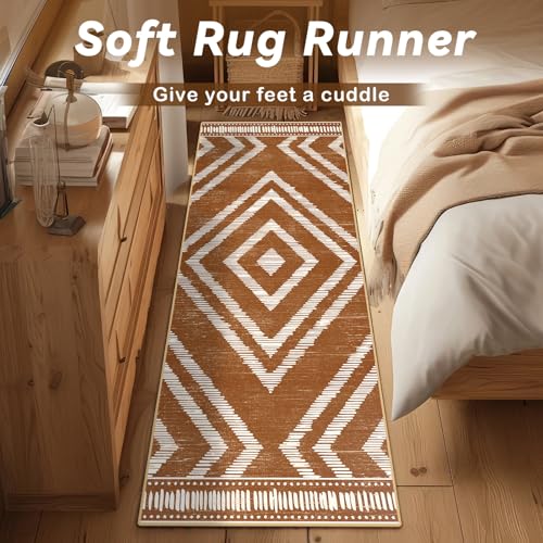 Boho Runner Rugs 2x6ft Non Slip, Brown Washable Rug with Rubber Backing, Soft Moroccan Farmhouse Kitchen Runner, Low Pile Geometric Floor Carpet for Hallway Bedroom Bathroom - color: Brown, size: 2' x 6' (Rectangular)