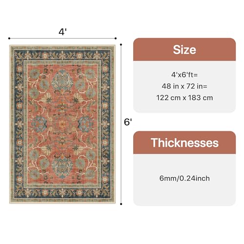 Bavni Floral Area Rugs 4x6, Vintage Accent Living Room Rug, Distressed Washable Rug Stain Resistant Non Slip, Low Pile Thin Soft Coral Blue Throw Carpet for Bedroom, Dining Room, Home Office, Nursery - color: Coral Blue, size: 4' x 6' (Rectangular)