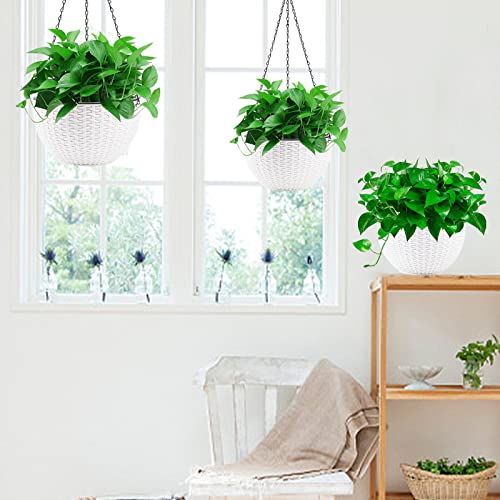 Foraineam 10.2 Inch Dual-pots Design Hanging Basket Planters Self-Watering Indoor Outdoor Hanging Flower Plant Pot with Drainer and Chain (White) (Pack of 3) - size: 10.2” (Pack of 3)