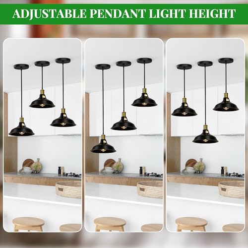 3 Light Pendant Lighting, Farmhouse Hanging Light Fixture for Kitchen Island & Dining Room, Industrial Vintage Ceiling Lamp with E26 Base, Adjustable Height, Black and Gold with Metal Shade - color: Metal Shade 1-Light (Black and Gold) - 3 Pack