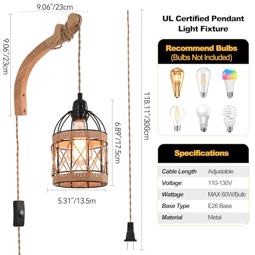 Plug in Wall Sconce,Farmhouse Wicker Wall Lamp Plug in,Hand Woven Rattan Wall Light Farmhouse Rustic Boho Sconces Wall Lighting for Living Room Bedroom - color: Birdcage, size: 1 PACK