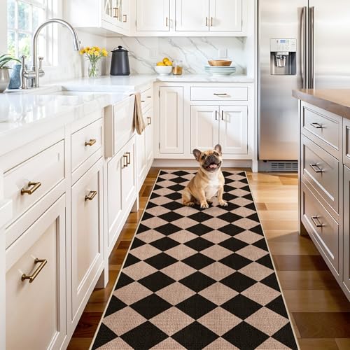 2x6 Jute Woven Runner Rug: Non-Slip Backing Diamond Pattern - Easy Clean Carpet for Hallway Kitchen - Washable Thin Indoor Rugs for High Traffic Areas Farmhouse Home Decor (Black/Brown,2x6) - color: Black/Brown, size: 2' x 6' (Rectangular)