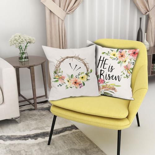 He is Risen Easter Religious Pillow Covers 16x16 Inches Colorful Flowers Throw Pillow Case Set of 2 Easter Spring Pillow Cover Cotton Linen Cushion Cover for Home Couch Sofa Bedroom Livingroom - color: He is Risen231123, size: 16" x 16" (Pack of 2)