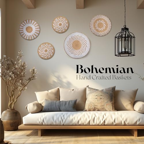 Crafts Central Boho Wall Basket Decor with Included Wall Hooks – Rattan Hand Crafted Wall Art - Bohemian Rustic Home Décor for Kitchen, Living Room, and Bedroom - Set of 5 Woven Baskets