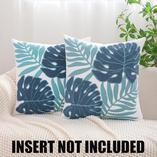 Embroidered Throw Pillow Covers 18x18 Pack of 2 Blue Botanical Tropical Leaf Pillow Covers Beach Ocean-Themed Decorative Cushions Case Farmhouse Boho Plant Tufted Pillowcases for Summer - color: Blue Tropical Leaf, size: 18" x 18" (Pack of 2)