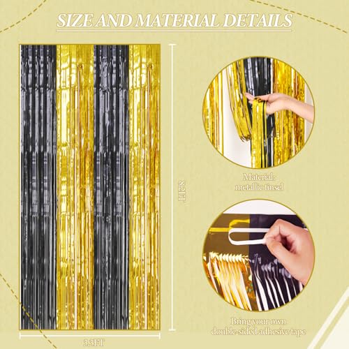 DECOCKRAT 3 Pack Foil Fringe Backdrop - Black&Gold Shiny Tinsel Curtains for Party Decoration/Photo Booth Props - 3.3x8.2 FT Metallic Foil Backdrop for Birthday, Wedding, Graduation, Christmas. - color: Black&Gold