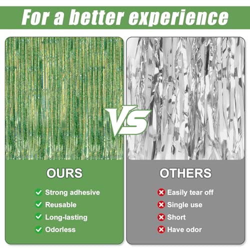 Crosize 2 Pack 3.3 x 9.9 ft Laser Green Foil Fringe Curtains Party Decorations, Laser Green Tinsel Curtain Backdrop for Parties, Door Streamers, Glitter Streamer Backdrop for Birthday Decoration - color: Laser Grass Green, size: 2 Pack