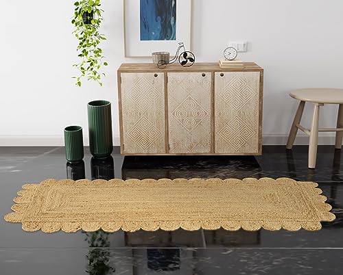 GRUHUM Scalloped Jute Runner Rug 2'6"x8'ft Natural Fiber Boho Reversible Handwoven Soft Rustic Vintage Farmhouse Jute Area Rug Indoor Outdoor Livingroom Kitchen Hallways Enterways Rectangular Rug - color: Natural-55, size: 2'6" x 8' (Rectangular)